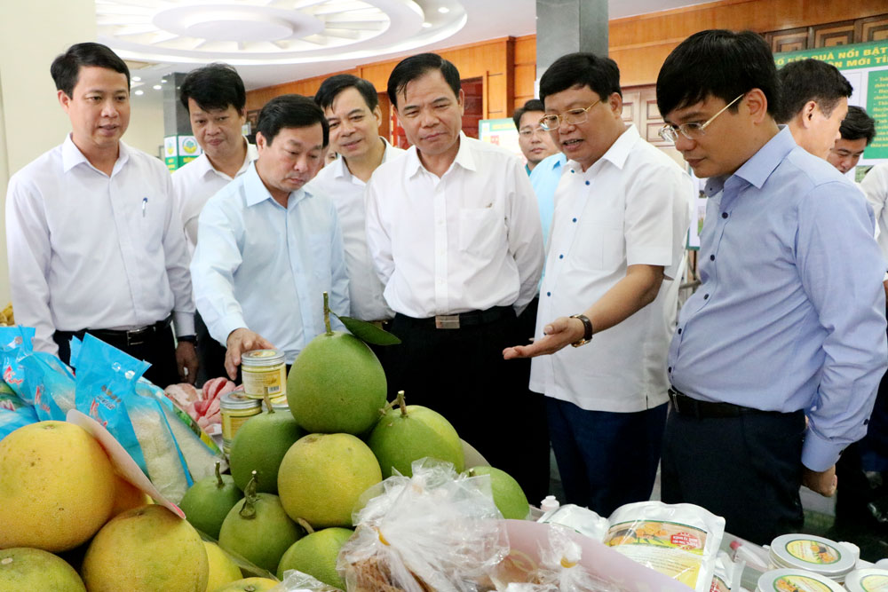Đồng chí Nguyễn Xuân Cường - Bộ trưởng Bộ Nông nghiệp và PTNT  thăm quan các gian hàng giới thiệu sản phẩm của các huyện, thành, thị